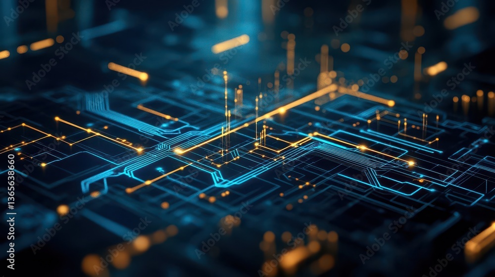 Poster intricate circuit board design featuring central circuit element surrounded by complex pathways and 