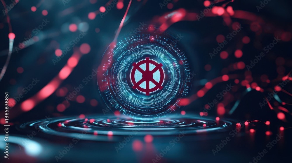 Poster bold red and black featuring intricate circle design surrounded by multiple circles creating a dynam