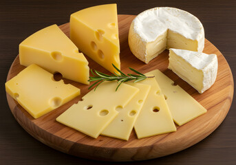 This image features a cheese platter with various types of cheese arranged on a wooden board. 