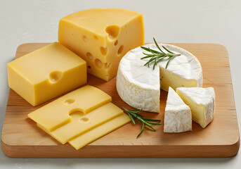This image features a cheese platter with various types of cheese arranged on a wooden board. 
