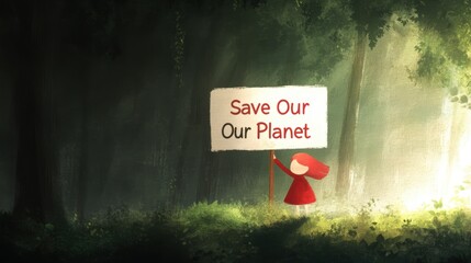 A child in a red cloak stands in a lush green forest, holding a sign that reads Save Our Planet, This illustration can be used for environmental campaigns, educational materials