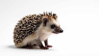 Fototapeta premium Close-up of a lone hedgehog, facing right, on a plain white backdrop , nature, single, closeup