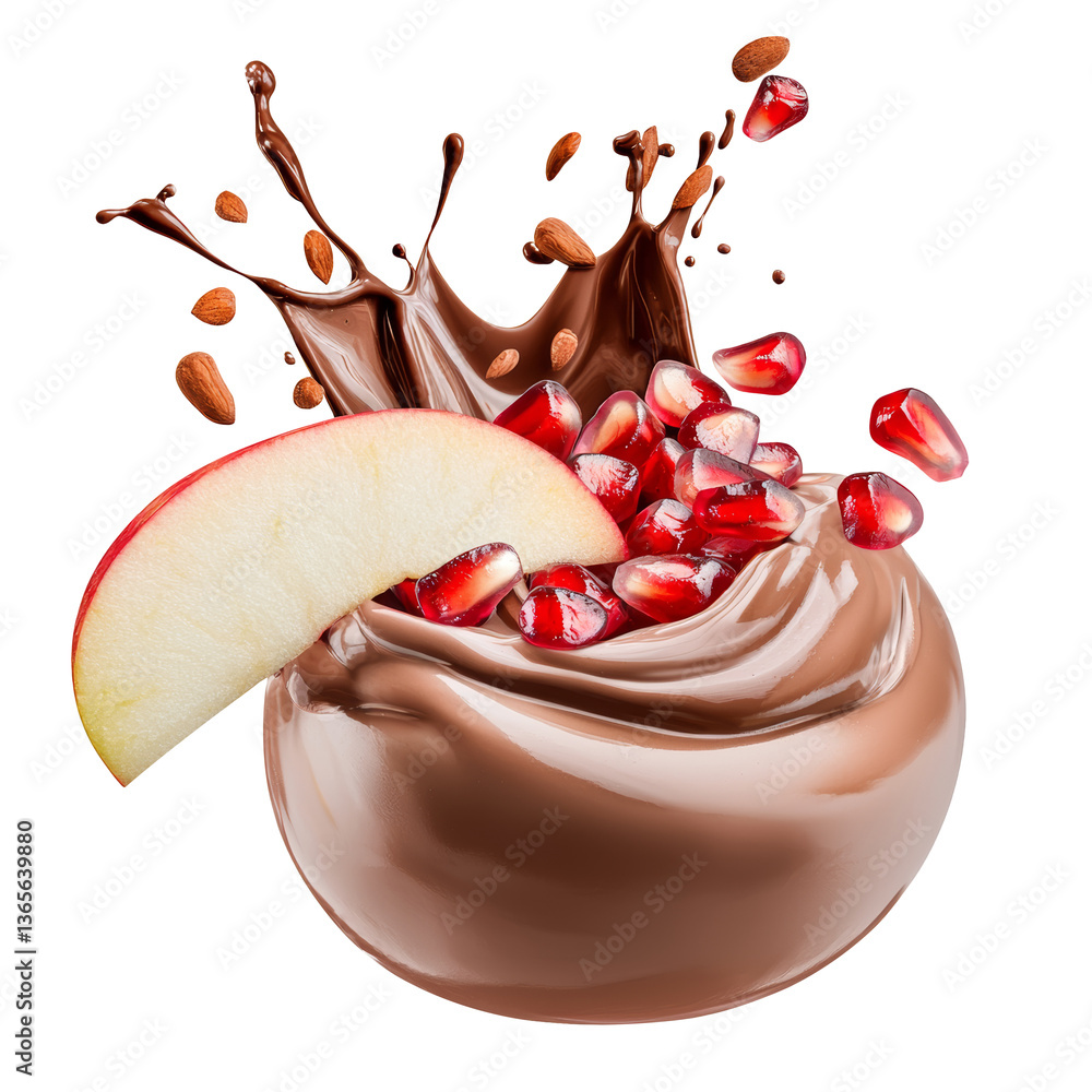 Poster a smooth chocolate swirl with splashes, garnished with pomegranate seeds and a slice of apple.