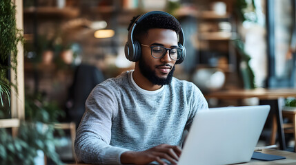 Obraz premium Professional wearing headphones while working on a laptop