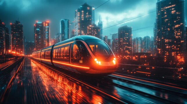 A sleek maglev train moves swiftly along elevated tracks amid glowing skyscrapers. Reflections shimmer on wet surfaces, highlighting a futuristic city at night.