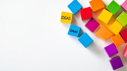 Colorful blocks with the word 'IDEAS' scattered on a white background, symbolizing creativity