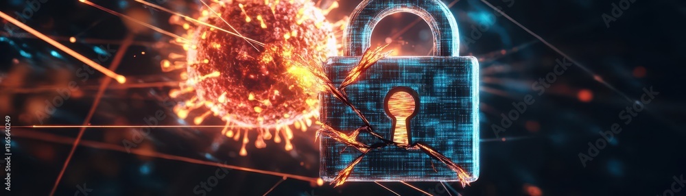 Poster intriguing lock with brilliant sparks emanating from its core symbolizing security and danger in a d