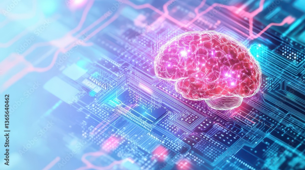 Poster intricate fusion of technology and intelligence depicted by brain embedded in circuitry against a te