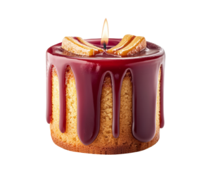 A decadent cake with a glossy chocolate glaze and a lit candle on top, showcasing a delicious and festive dessert.