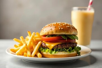 Close-up of burger, fries, and milkshake on white , creamy, tempting