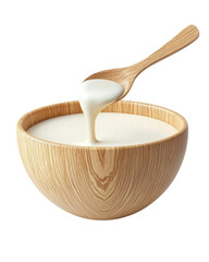 A wooden bowl filled with creamy yogurt, with a spoon dripping the smooth texture.