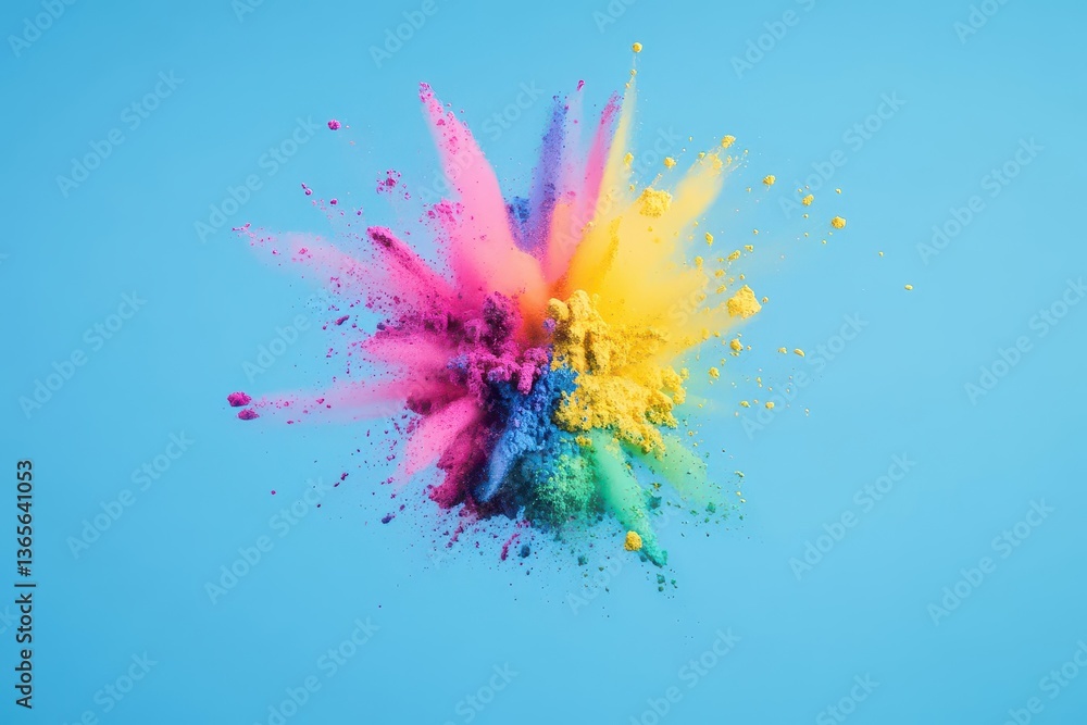 Poster vibrant colorful powder explosion against a deep blue background creating a dynamic and energetic vi