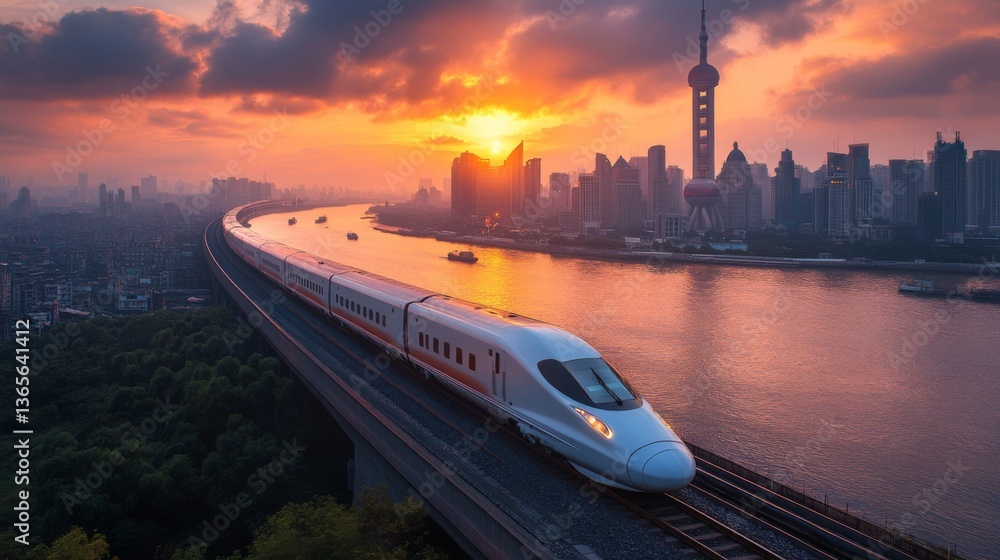 Poster a high speed train glides along a curved railway track beside a river in shanghai, surrounded by a s