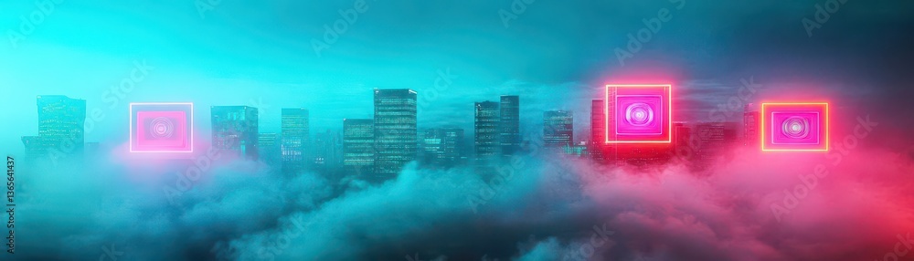 Poster mysterious urban scene with glowing neon lights piercing through dense fog creating an enigmatic and