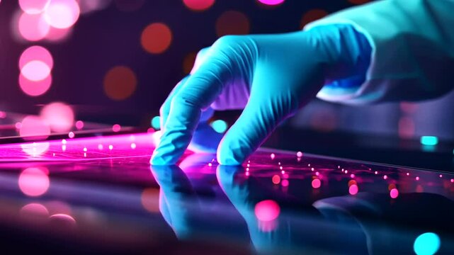 Hands wearing tight-fitting blue gloves adjusting the settings on a digital spectrometer, with multi-colored light refractions glowing in the background.