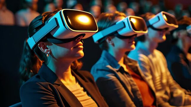 A row of people wearing VR headsets engrossed in virtual reality experiences. The scene features diverse individuals in a dimly lit theater with blue lighting, emphasizing tech innovation.