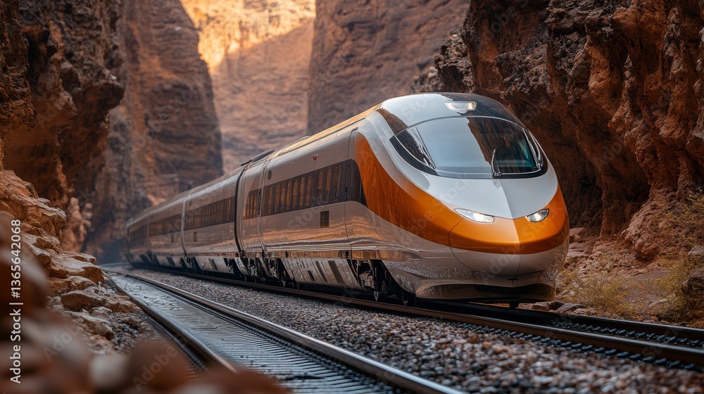Poster A sleek high speed maglev train is seen navigating through a narrow canyon, showcasing the blend of advanced rail technology and scenic infrastructure in motion.