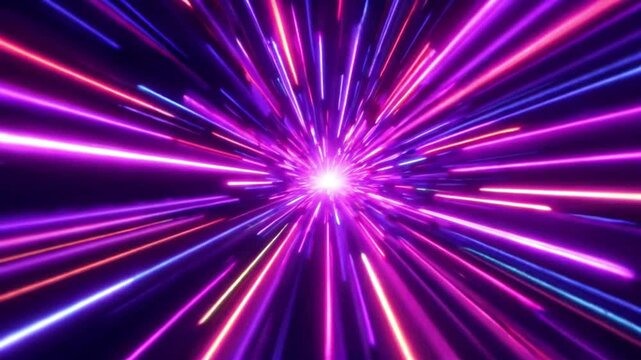 Glowing neon rays motion in Space, lightspeed journey through time continuum in loop. 3D animation with purple pink neon lights. Futuristic and abstract colorful background view