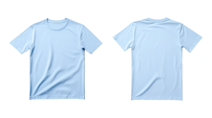 Plain light blue t-shirt showing front and back views with round neckline and short sleeves for product mockup purposes on transparent background