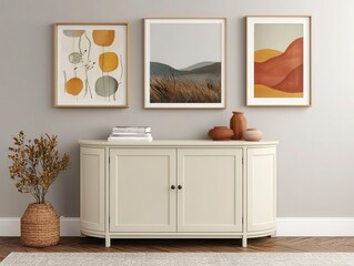 Curved Cabinet with Arched Doors and Colorful Wall Art Display