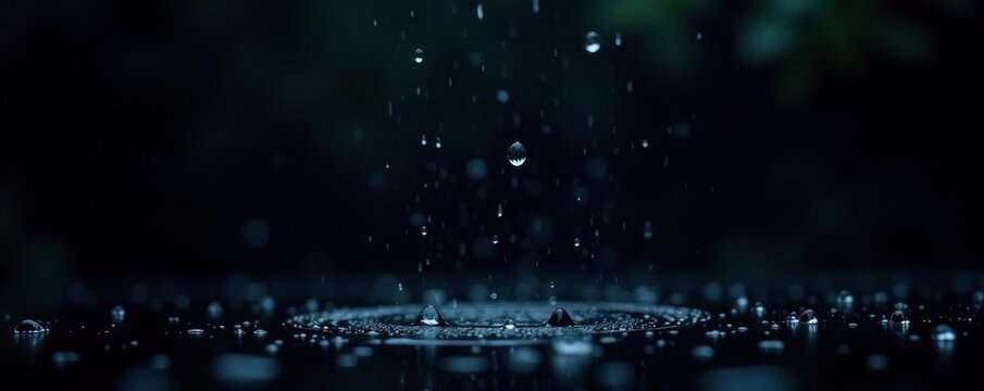 Large, heavy raindrops falling on a pure black background ,  splash,  ominous