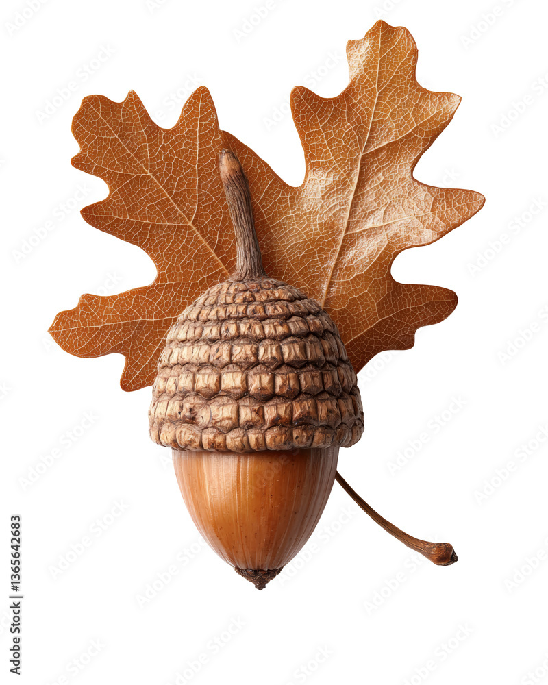 Poster a detailed acorn with a textured shell, accompanied by a dried oak leaf, showcasing natural forms an