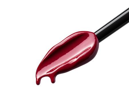 A glossy, deep red lip product with a curved applicator, showcasing a smooth texture and rich color.