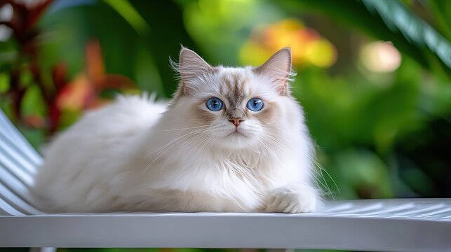 Ragdoll long-haired cat with fluffy white fur lying peacefully on a white beach lounge chair 