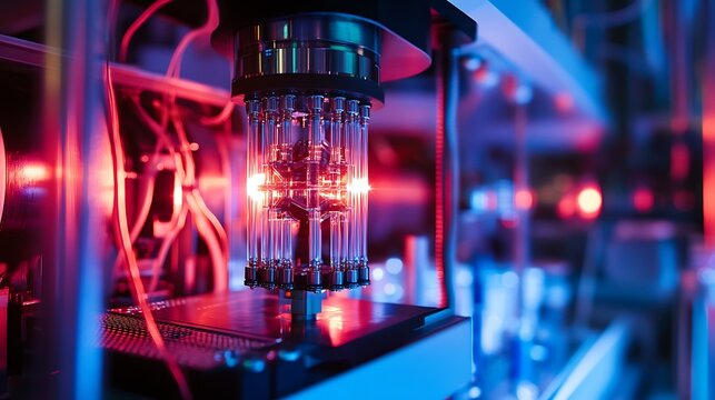 Transition metal-infused quantum computer chip operating at near absolute zero temperatures inside a research lab 