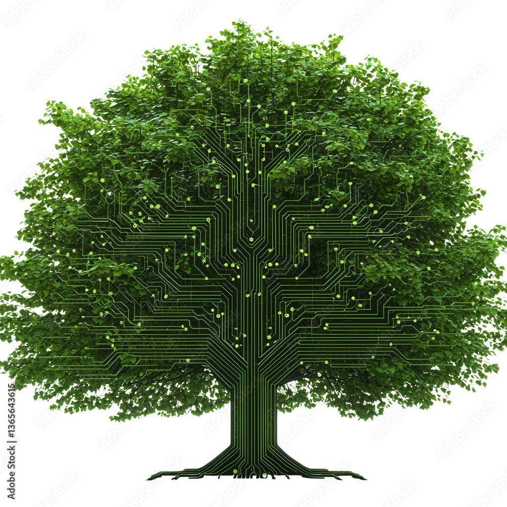 Poster digital tree design merging nature and technology elements.