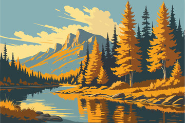 16 Vibrant autumn landscape, serene lake reflection, golden foliage, evergreen trees, clear blue sky, wispy clouds, tranquil water surface, mountain backdrop, picturesque nature scene, fall colors, mi