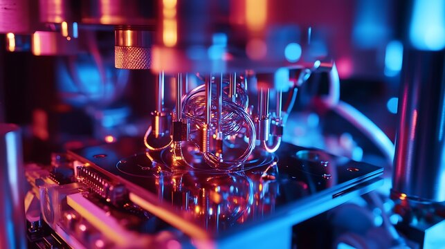 Transition metal-infused quantum computer chip operating at near absolute zero temperatures inside a research lab 