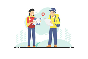 Tourist couple with map on isolated background, Vector illustration.