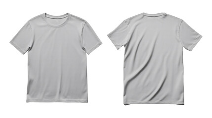 Plain light gray t-shirts displayed with front and back views featuring short sleeves and round neckline for fashion product mockup purposes on transparent background