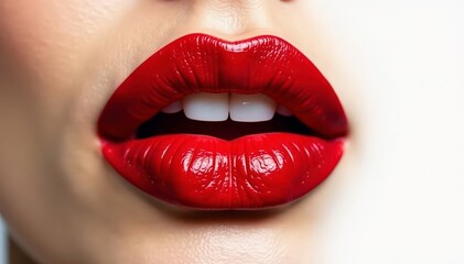 Obraz premium Close-up vibrant red lips, stark white backdrop, cosmetics, attractive, cosmetic product