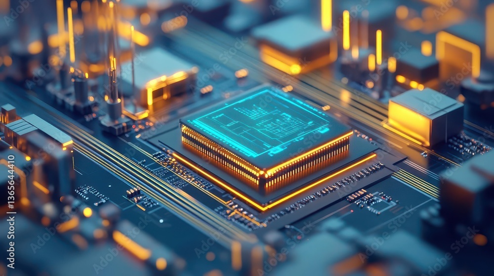 Poster closeup of a computer chip on a circuit board illustrating advanced technology and precision enginee