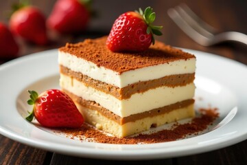 Close-up view of a single serving of tiramisu, showing texture and detail , culinary art, indulgent, confection