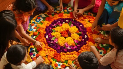 Children joyfully create a vibrant Onam Pookalam, a traditional flower rangoli, showcasing their cultural heritage and festive spirit. The intricate design bursts with color.