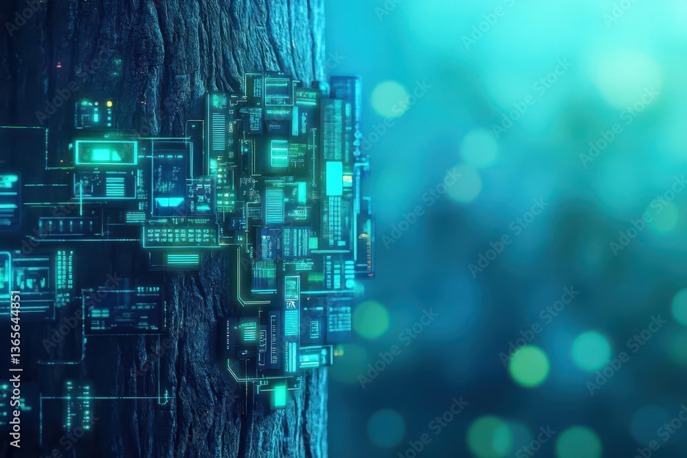 Poster a unique fusion of nature and technology featuring a tree adorned with a circuit board symbolizing t