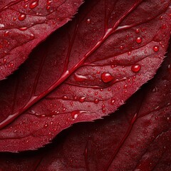 Fototapeta premium This close-up image showcases vibrant red leaves adorned with glistening droplets of water, highlighting their texture and color, Ideal for nature-themed projects, design materials