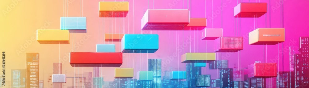 Poster vibrant cityscape with colorful floating blocks creating an artistic urban atmosphere and enhancing 