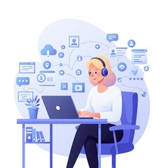 A person working on a laptop with cloud computing and data sharing icons, representing remote work and digital collaboration.
