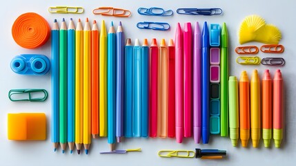 Colorful Stationery Supplies Pencils Pens Markers Crayons and Paper Clips for Back to School or
