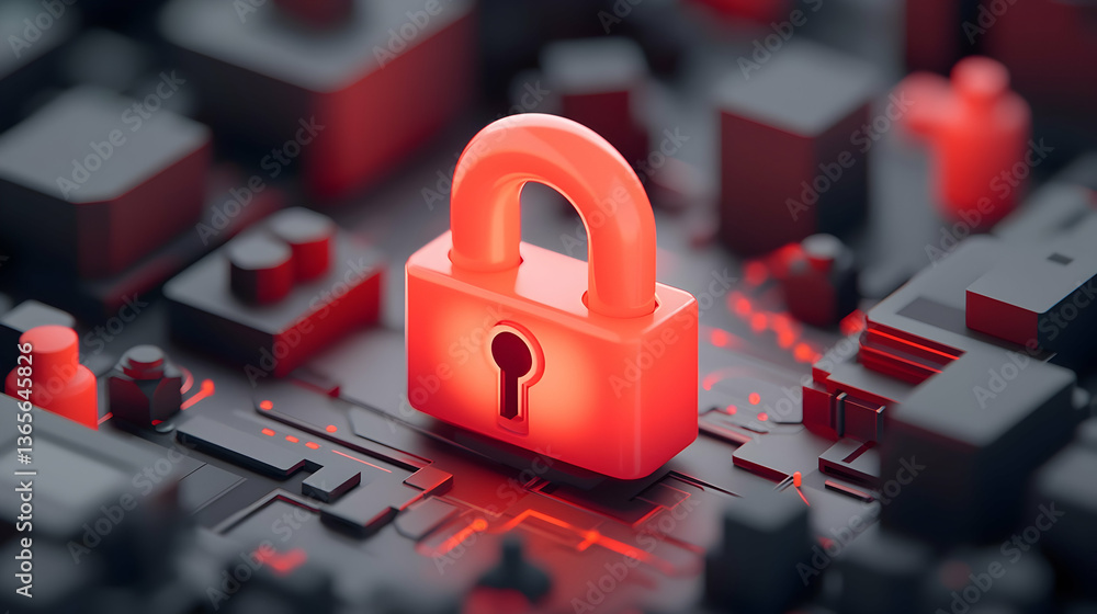 Poster abstract glowing red padlock on circuit board: network security system