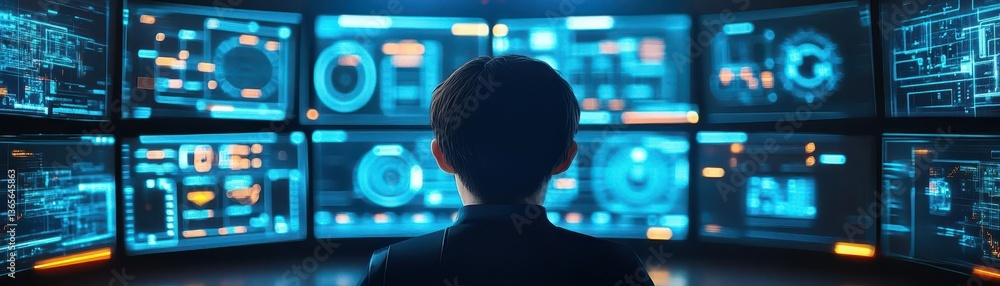 Poster individual engrossed in a captivating display of digital video screens in a modern space evoking cur