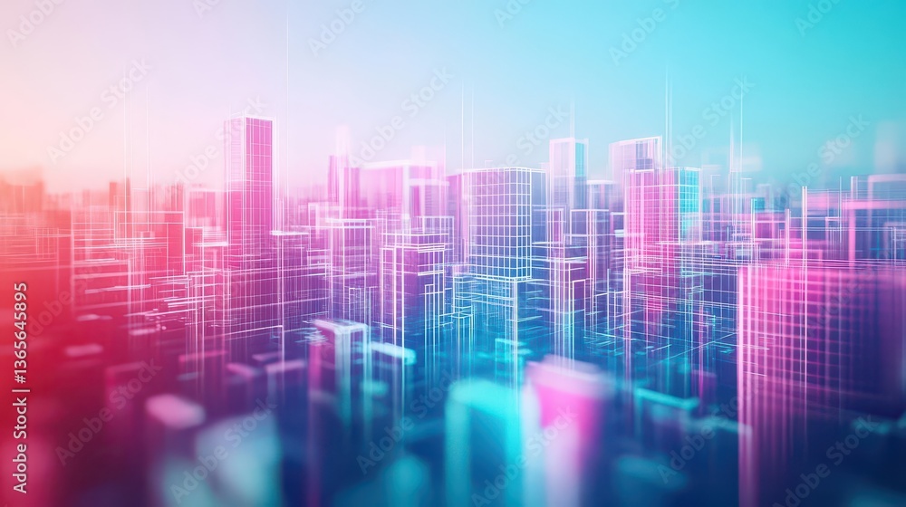 Poster vibrant urban skyline at twilight with illuminated buildings and dynamic lines creating an energetic