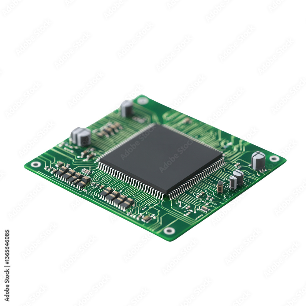 Poster microchip with printed circuit board design on a black background.