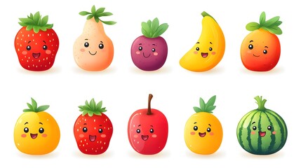Fototapeta premium Adorable Cartoon Fruits and Vegetables Collection Kawaii Strawberry Banana Watermelon and More