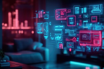 Modern Room Featuring a Large Screen Displaying Multiple Colorful Icons Creating a Dynamic and Engaging Atmosphere for Digital Interaction