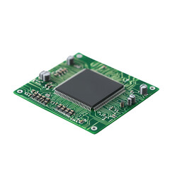 Microchip with printed circuit board design on a black background.